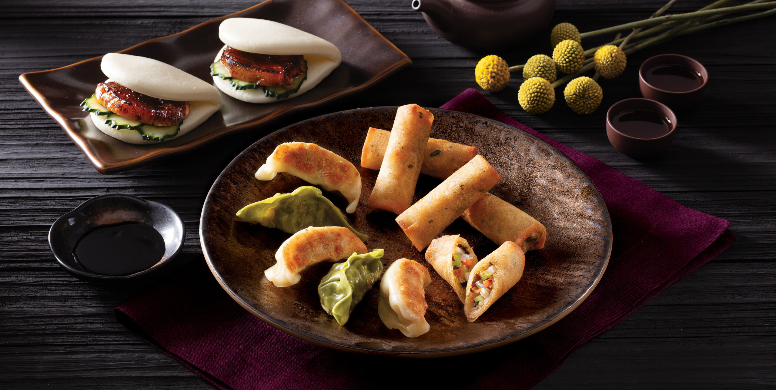 plate of spring rolls and pot stickers